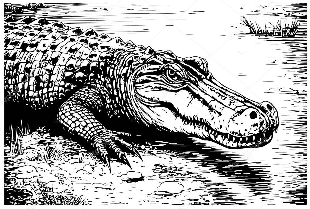 Crocodile IN RIVER sketch hand drawn in doodle style illustration