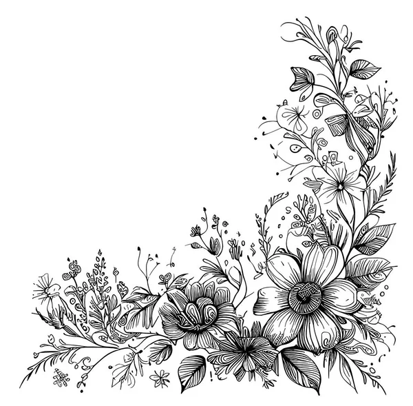 Moldura Floral Esboço Desenhado Mão Ilustração Flores Selvagens — Vetor de Stock
