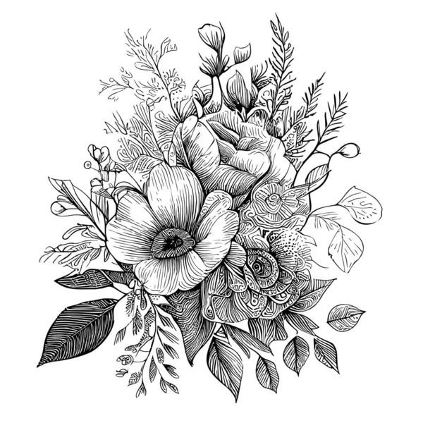Ramo Flores Dibujo Mano Ilustración Flores Silvestres — Archivo Imágenes Vectoriales