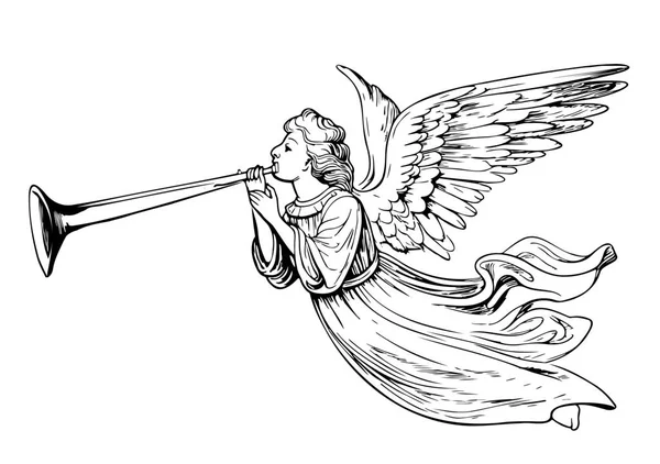 Anioł Gra Trąbce Narysowane Szkic Ilustracji — Wektor stockowy