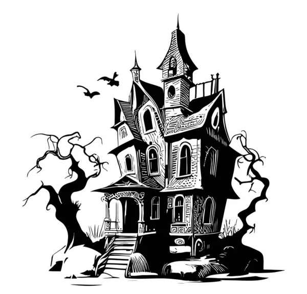 Haunted Casa Silhouette Disegnato Mano Schizzo Illustrazione Halloween Cartone Animato — Vettoriale Stock