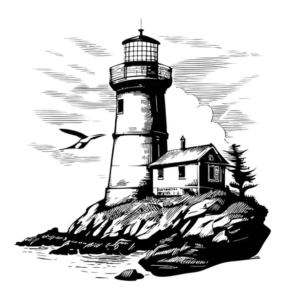 Leuchtturm Auf Dem Meer Kostenskizze Handgezeichnete Illustration — Stockvektor