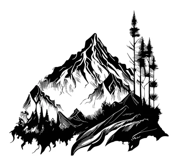 Montañas Bosque Bosquejo Dibujado Mano Vector Ilustración Hermosa Naturaleza — Vector de stock