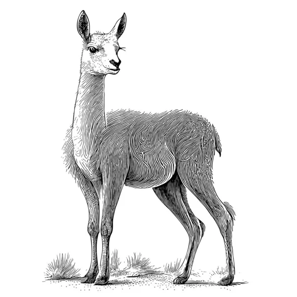 Lama Croquis Debout Dessiné Main Dans Une Illustration Style Doodle — Image vectorielle