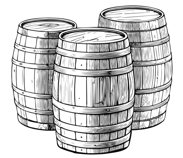 Birra Barili Legno Disegnato Mano Schizzo Birra Fermentazione Illustrazione — Vettoriale Stock