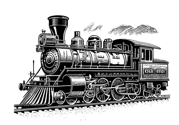 Vintage steam locomotive on white background hand drawn sketch in doodle style