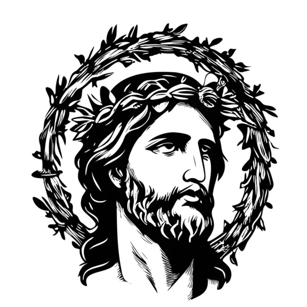 Πορτρέτο Του Ιησού Ένα Χέρι Στεφάνι Σχέδιο Στυλ Doodle Διάνυσμα — Διανυσματικό Αρχείο