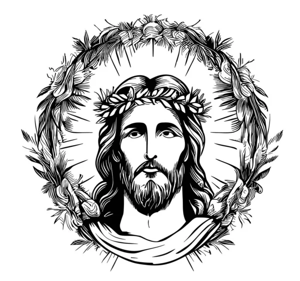 Retrato Jesus Uma Coroa Flores Esboço Desenhado Estilo Doodle —  Vetores de Stock