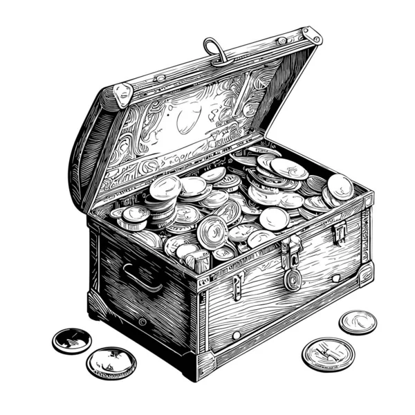 Pecho Con Monedas Boceto Dibujado Mano Estilo Garabato Ilustración — Vector de stock