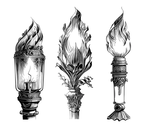 Set Torches Sketch Hand Drawn Doodle Style Illustration — Stock Vector