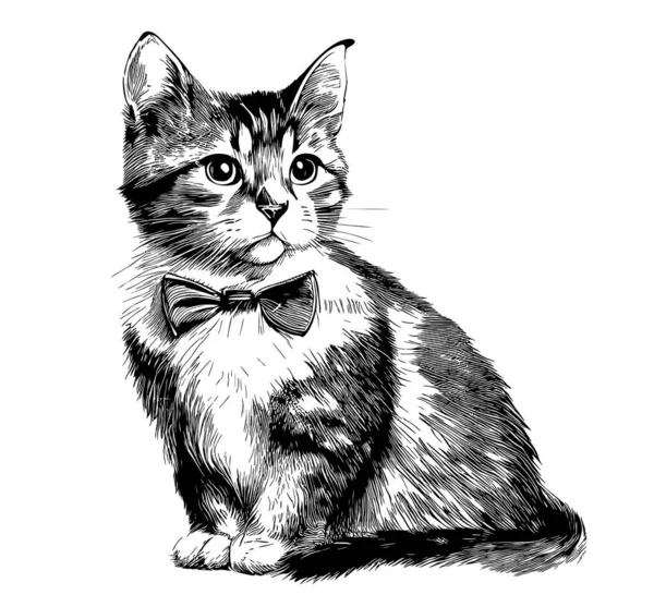 Kitten Bow Tie Hand Drawn Sketch Doodle Style Illustration — Stock Vector