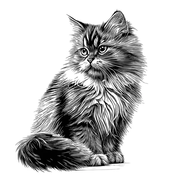 Fluffy Cat Hand Drawn Sketch Vector Illustration Pets — Stock Vector