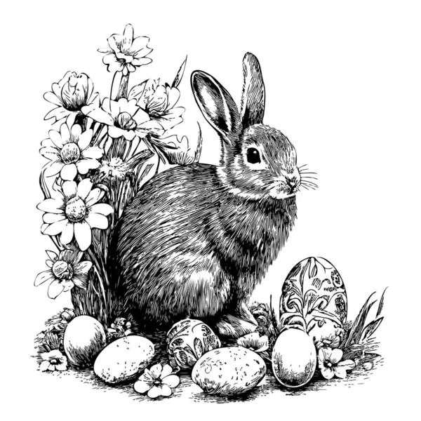 Conejo Pascua Flores Con Huevos Boceto Dibujado Mano Estilo Garabato — Archivo Imágenes Vectoriales