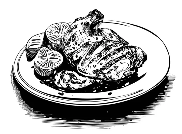 Grillad Kyckling Skiss Hand Ritad Klotter Stil Illustration — Stock vektor