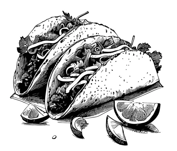 Mexikanska Tacos Skiss Hand Ritad Klotter Stil Illustration — Stock vektor