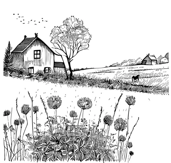 野外で田舎の家は ドアスタイルのイラストでスケッチを描いた — ストックベクタ