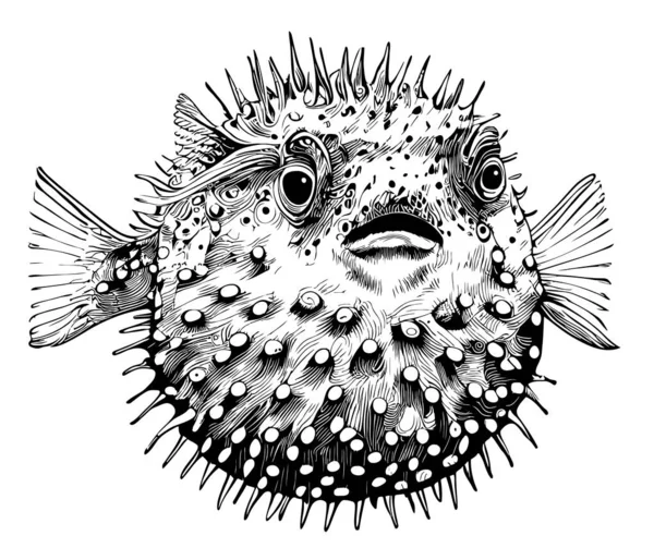 Pufferfisk Handritad Skiss Klotter Stil Illustration — Stock vektor
