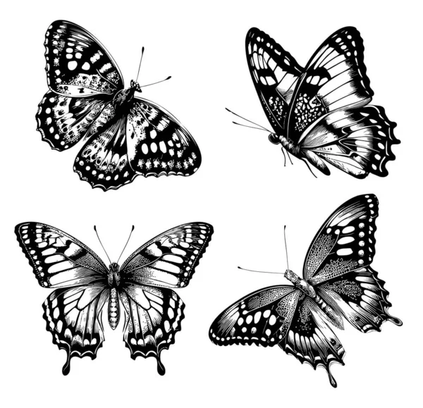Piękny Motyl Zestaw Szkic Strony Rysowane Stylu Doodle Ilustracji — Wektor stockowy