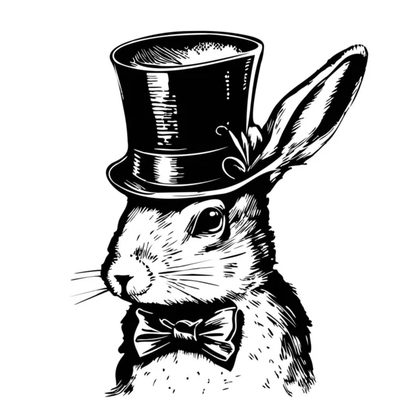 上の帽子のウサギの顔は 落書きスタイルでスケッチを描いたベクトルイラスト漫画 — ストックベクタ