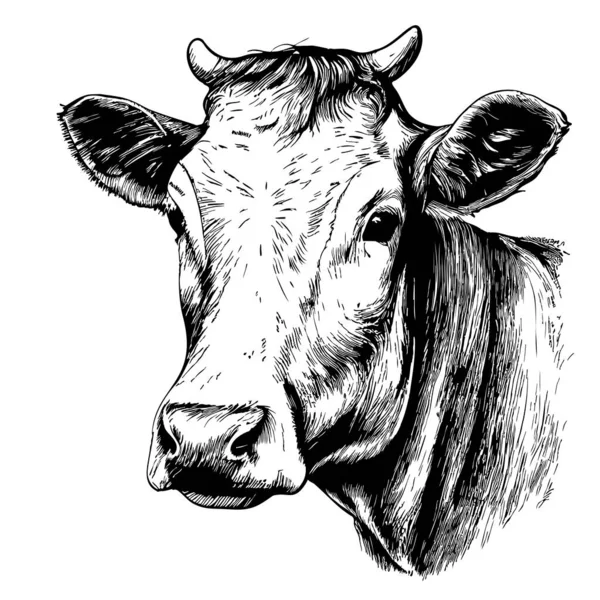 Piękny Skecz Głowy Krowy Narysowane Stylu Doodle Ilustracji Rolnictwo Hodowla — Wektor stockowy