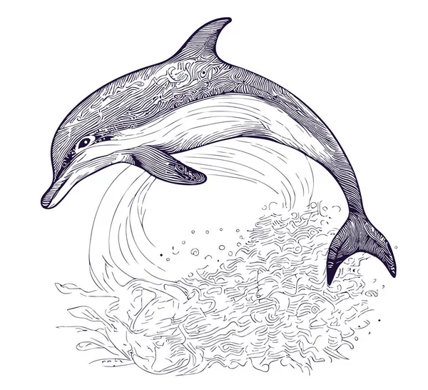 Skizze Eines Delfins Auf Den Wellen Handgezeichnet Doodle Stil — Stockvektor