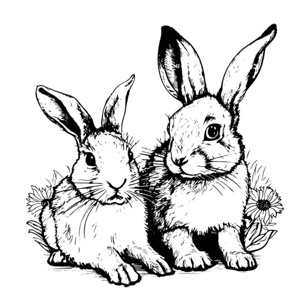 Par Conejos Boceto Dibujado Mano Estilo Garabato Vector Ilustración Granja — Vector de stock