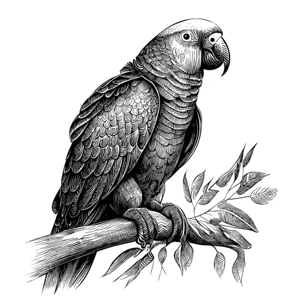 Papuga Siedzi Gałęzi Narysowane Szkic Ilustracja — Wektor stockowy