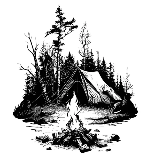 Namiot Lesie Szkic Obozowiska Ręcznie Narysowany Camping Ilustracja — Wektor stockowy