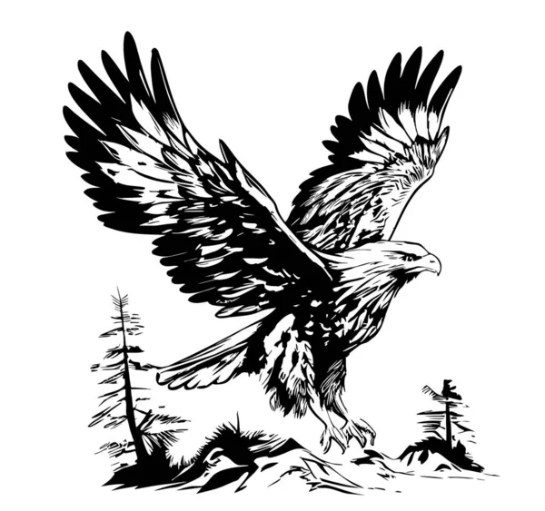 Aigle Volant Dessus Forêt Croquis Main Dessiné Dans Illustration Style — Image vectorielle