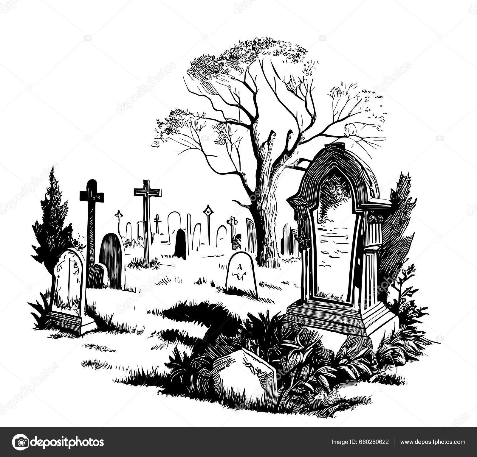 Old retro cemetery hand drawn sketch illustration stock vector by