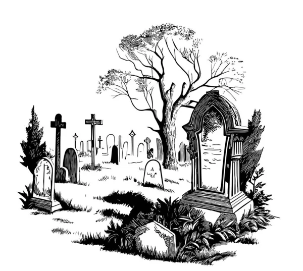 Antiguo Cementerio Retro Dibujado Mano Boceto Ilustración — Vector de stock