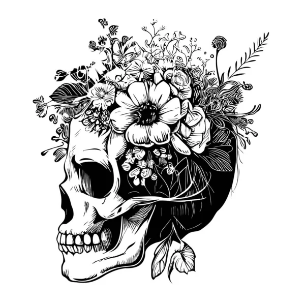 頭のスケッチの手に花と頭蓋骨のドアスタイルのイラストで描かれた — ストックベクタ