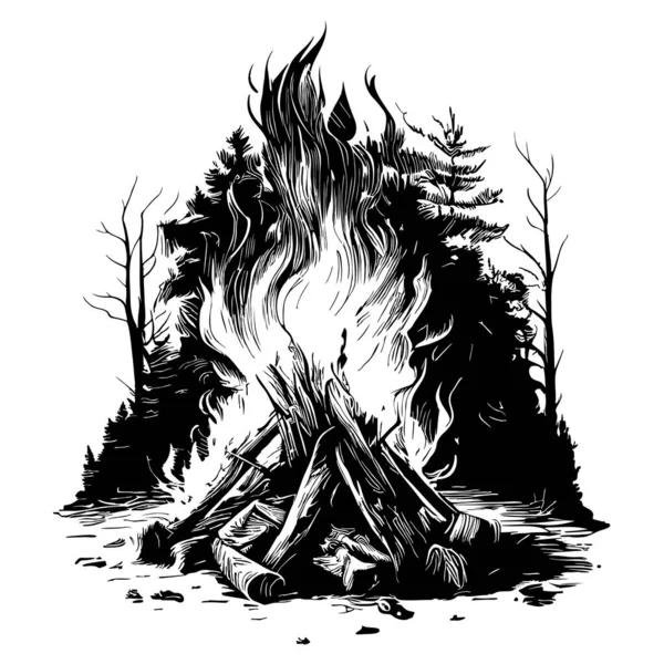 Bonfire Forest Hand Drawn Sketch Nature Vector Illustration — Stock Vector