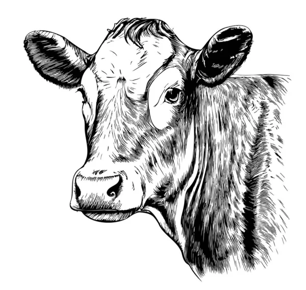 Krowa Twarz Szczegółowy Ręcznie Rysowane Szkic Ilustracja Rolnictwo — Wektor stockowy