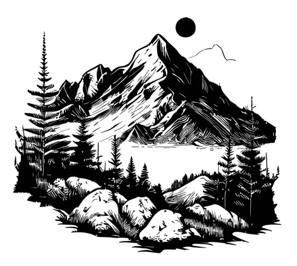 Sketsa Gambar Tangan Pegunungan Dalam Ilustrasi Alam Gaya Corat Coret - Stok Vektor
