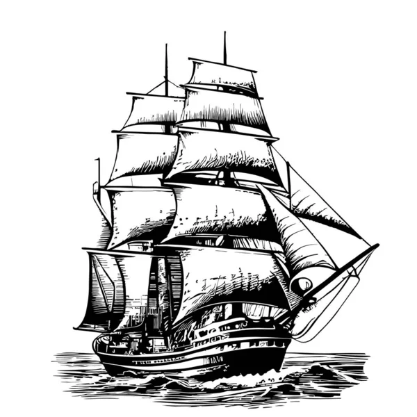 Vintage Barco Pirata Viejo Boceto Dibujado Mano Estilo Grabado Ilustración — Vector de stock