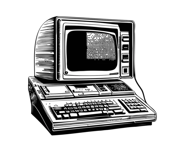Schizzo Del Computer Vintage Retrò Disegnato Mano Stile Doodle Illustrazione — Vettoriale Stock