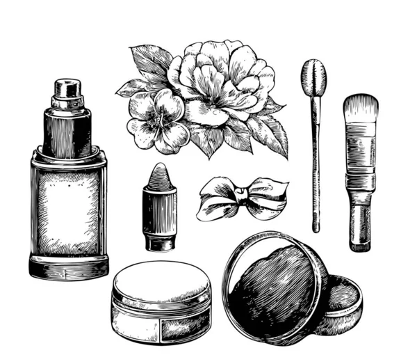 Cosmetici Set Retro Schizzo Disegnato Mano Illustrazione — Vettoriale Stock