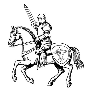 At sırtında kılıç taşıyan şövalye Vektör illüstrasyonunu çizdi