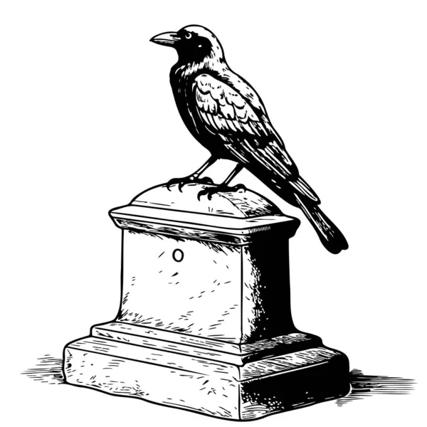 Corbeau Noir Sur Tombston Croquis Main Dessiné Dans Style Doodle — Image vectorielle