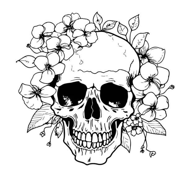 Çiçeklerdeki Kafatası Çizimi Gravür Stili Çizimi — Stok Vektör