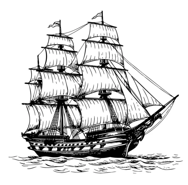 Vintage Pirata Nave Schizzo Disegnato Mano Stile Incisione Illustrazione — Vettoriale Stock