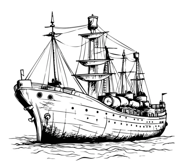 レトロな船のスケッチ手描き彫刻スタイルのイラスト — ストックベクタ