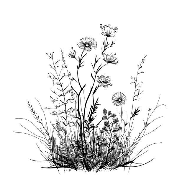 Campo Esboço Flores Silvestres Desenhado Mão Ilustração Estilo Doodle — Vetor de Stock