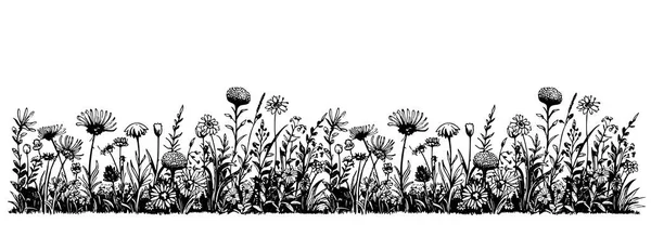 Campo Flores Silvestres Borde Boceto Dibujado Mano Estilo Garabato Ilustración — Vector de stock