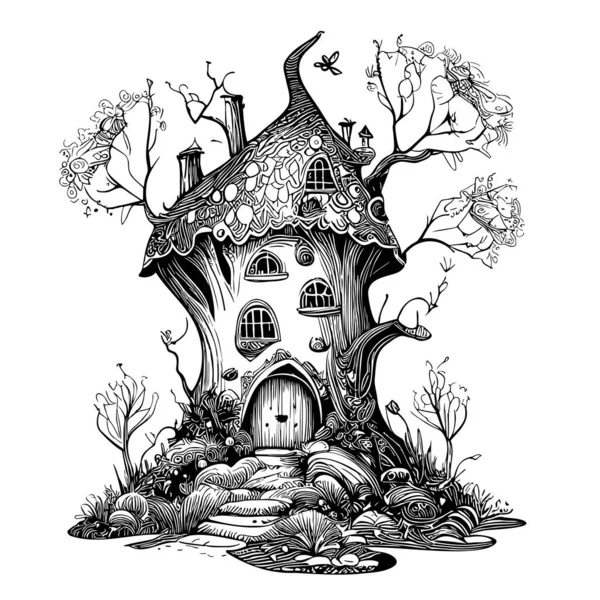 Varázslatos Ház Vázlat Kézzel Rajzolt Firka Stílus Tündérmese Illusztráció — Stock Vector