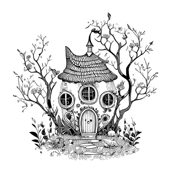 Casa Hadas Bosque Boceto Dibujado Mano Estilo Garabato Ilustración Vectorial — Archivo Imágenes Vectoriales