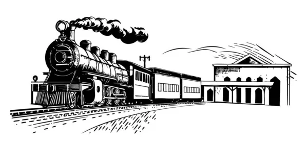 Vecchia Stazione Ferroviaria Vintage Schizzo Disegnato Mano Stile Doodle Illustrazione — Vettoriale Stock