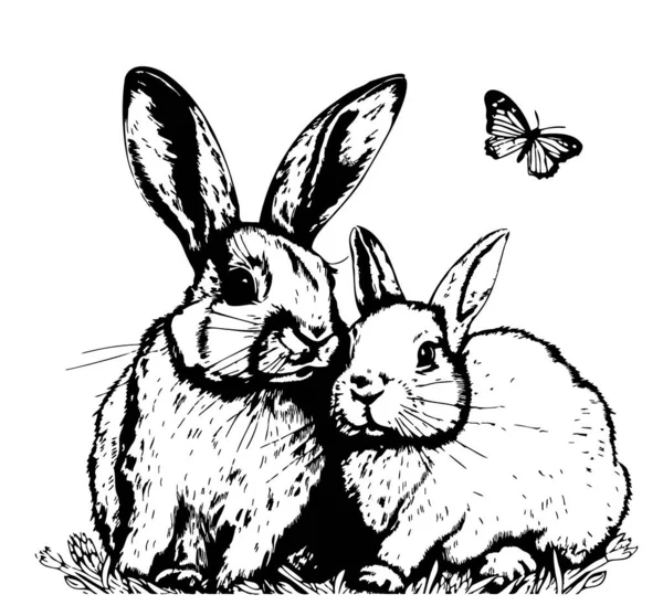 Çizim Tarzında Çizilmiş Çizimi Tavşanlar — Stok Vektör