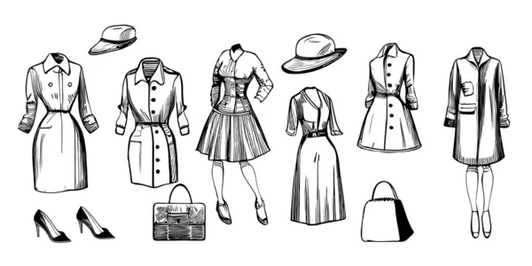 Set Abbigliamento Donna Schizzo Disegnato Mano Stile Doodle Illustrazione — Vettoriale Stock
